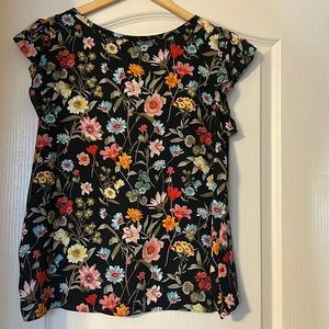 Loft Black Floral Blouse with Knit Back